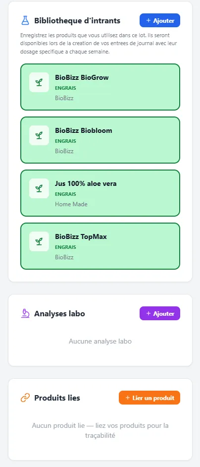 Vue mobile GrowLog : bibliothèque d'intrants (engrais BioBizz, jus d'aloe vera maison), ajout d'analyses de laboratoire et liaison des produits au lot.